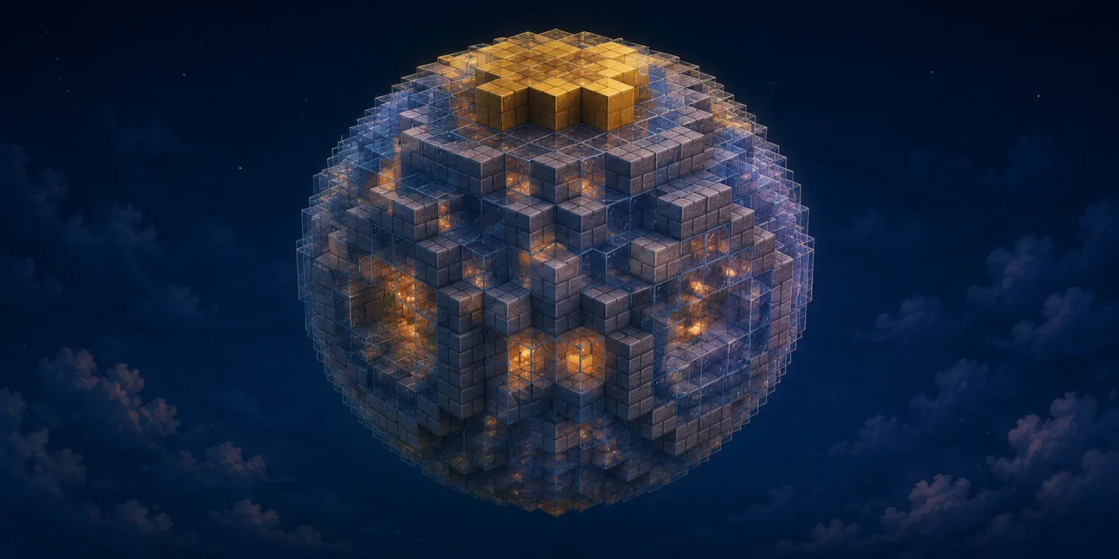 Minecraft sphere generator preview of a hollow glass and stone sphere