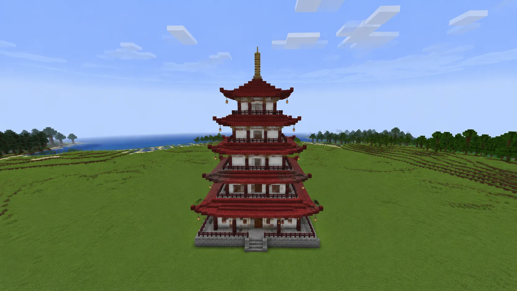 Pagoda japonesa de Minecraft generada con IA, torre escalonada de bloques con muros blancos y techos rojos