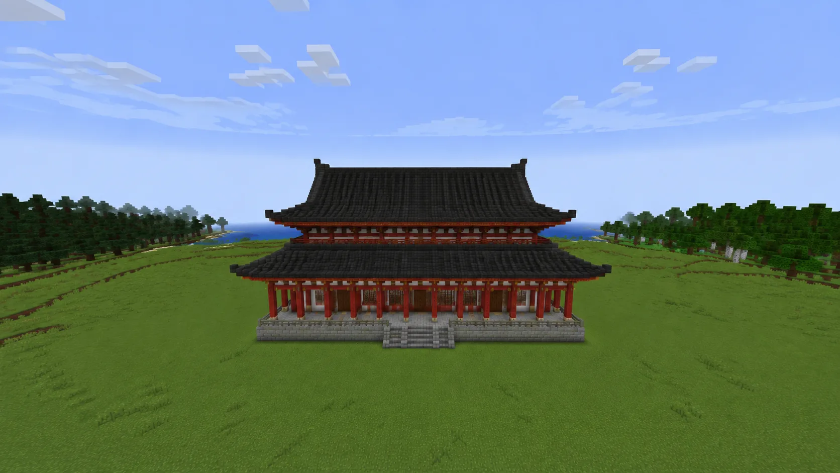 Templo japonés de Minecraft generado con IA con pilares rojos y techos oscuros escalonados