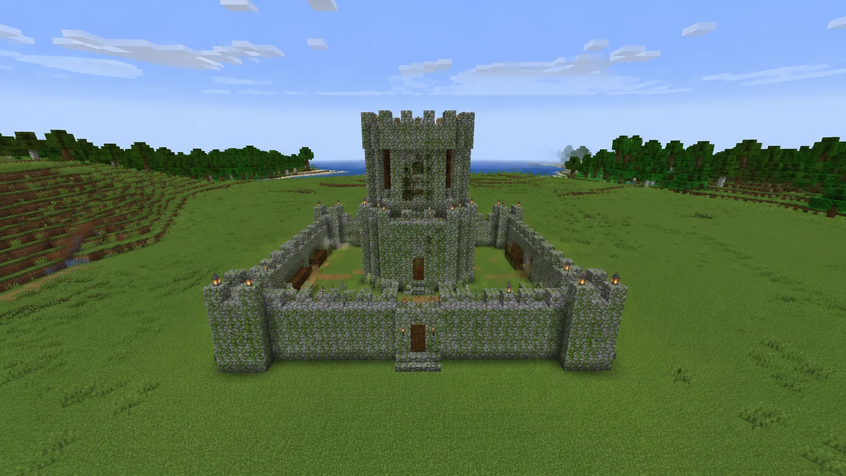 Castillo medieval de Minecraft generado con IA, como modelo de bloques con muros de piedra musgosa y un torreón central