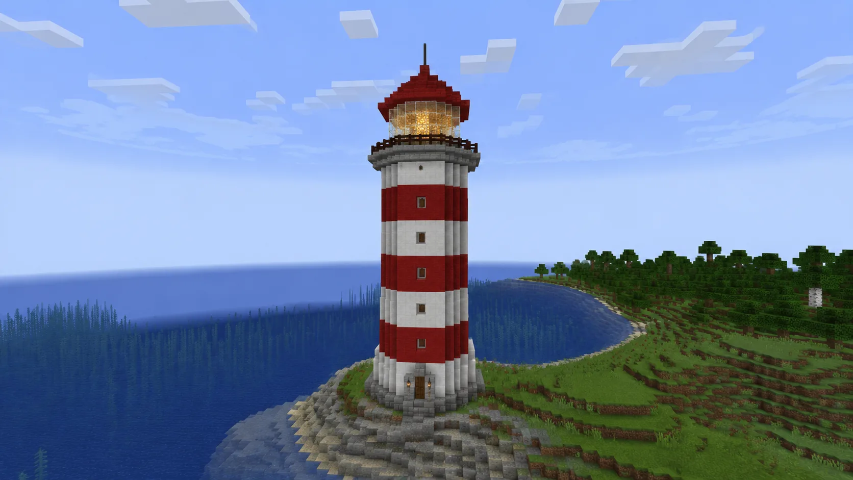 Faro redondo de Minecraft generado con IA, torre circular de bloques con la punta iluminada