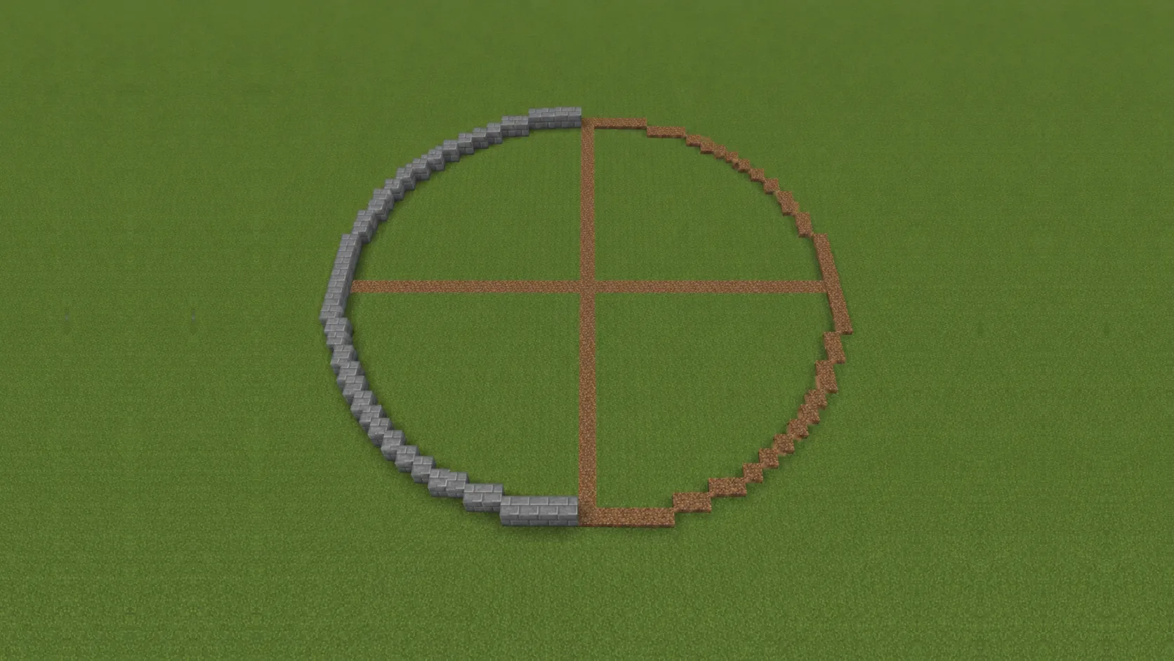 Círculo de Minecraft a medio construir: mitad en ladrillos de piedra y mitad marcada en tierra, con los ejes centrales dividiéndolo en cuadrantes