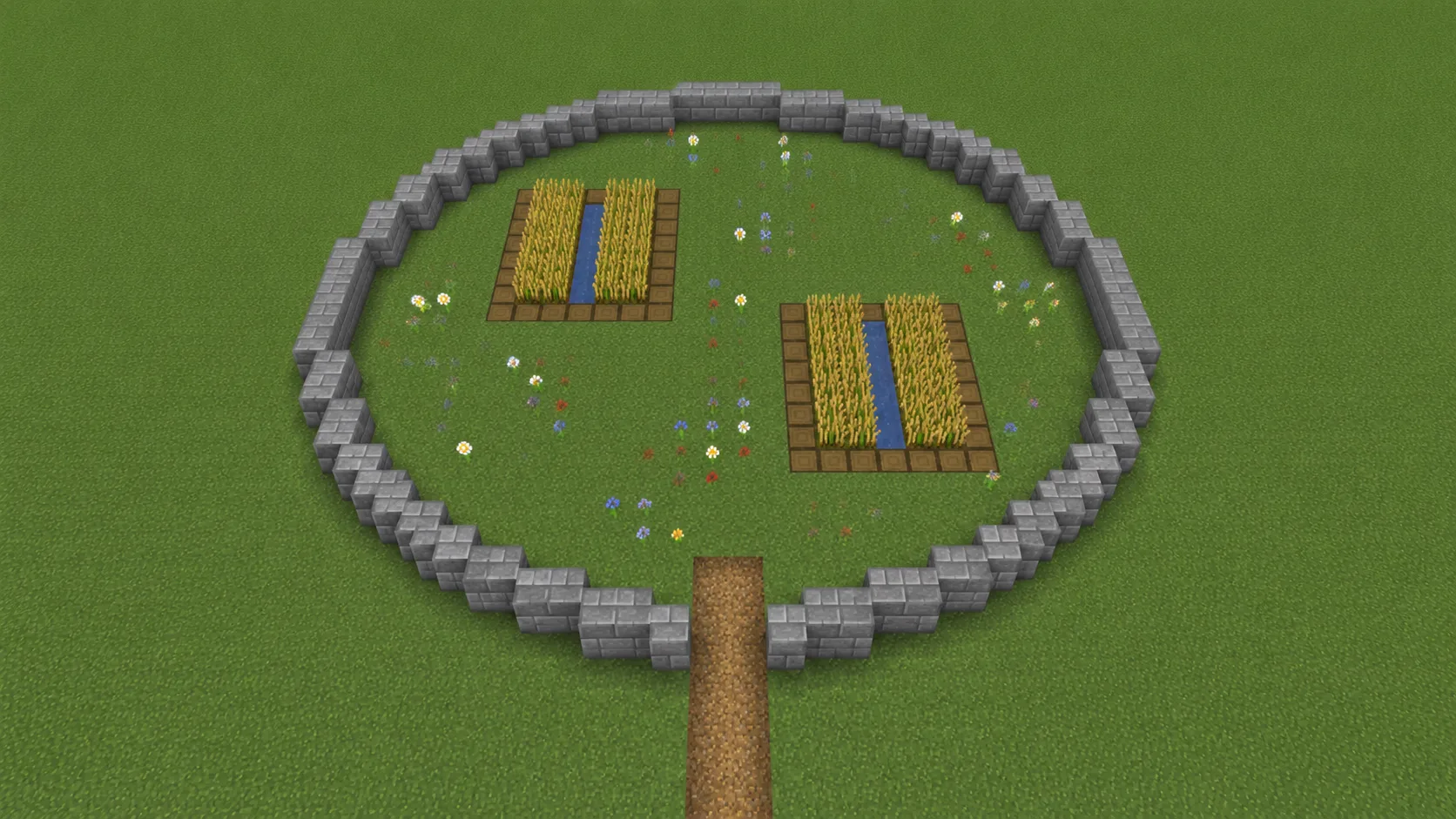 Jardín redondo de Minecraft cercado por un borde circular de piedra, con dos parcelas de trigo y flores adentro