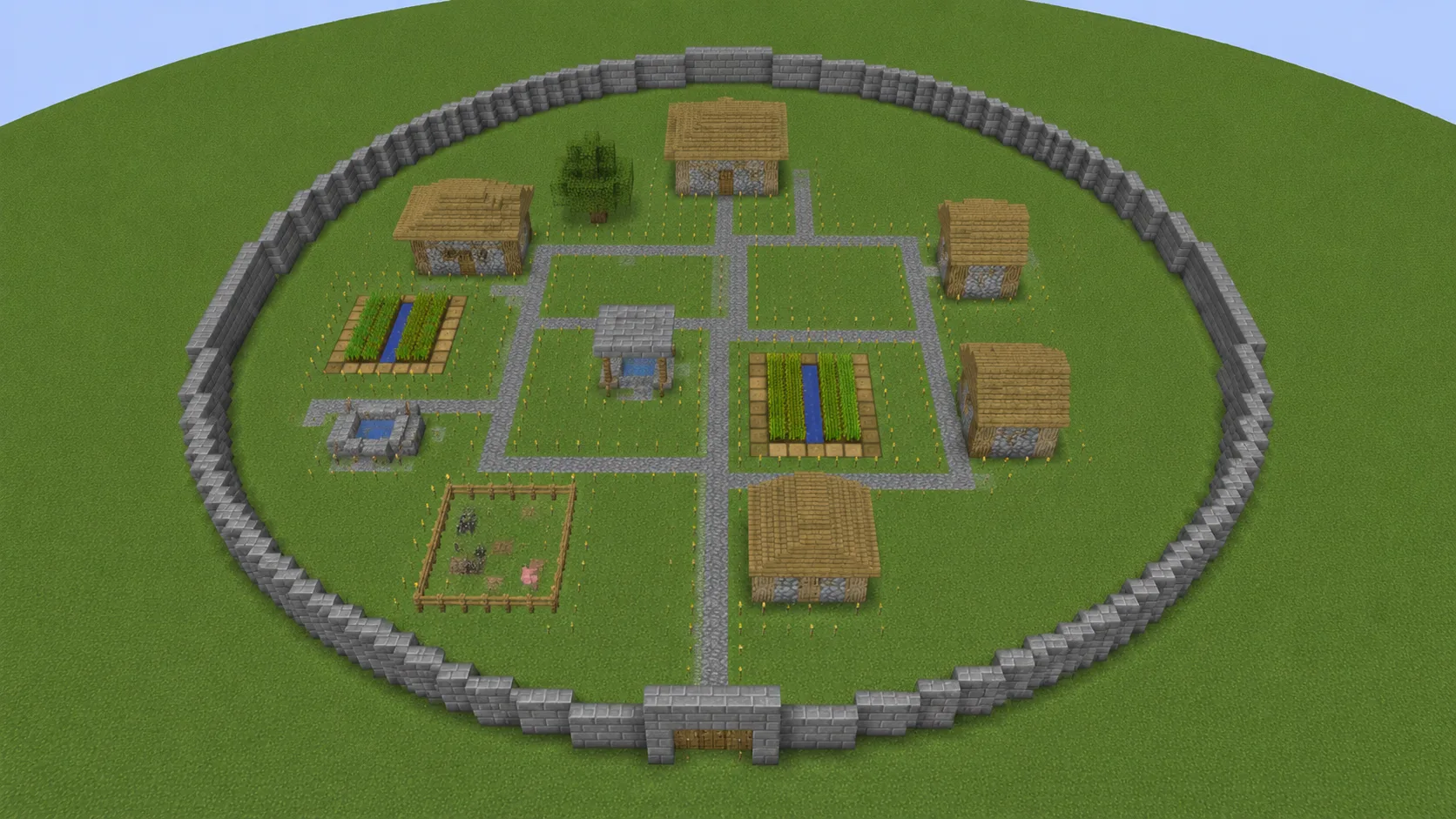 A circular Minecraft mega-base perimeter wall enclosing buildings