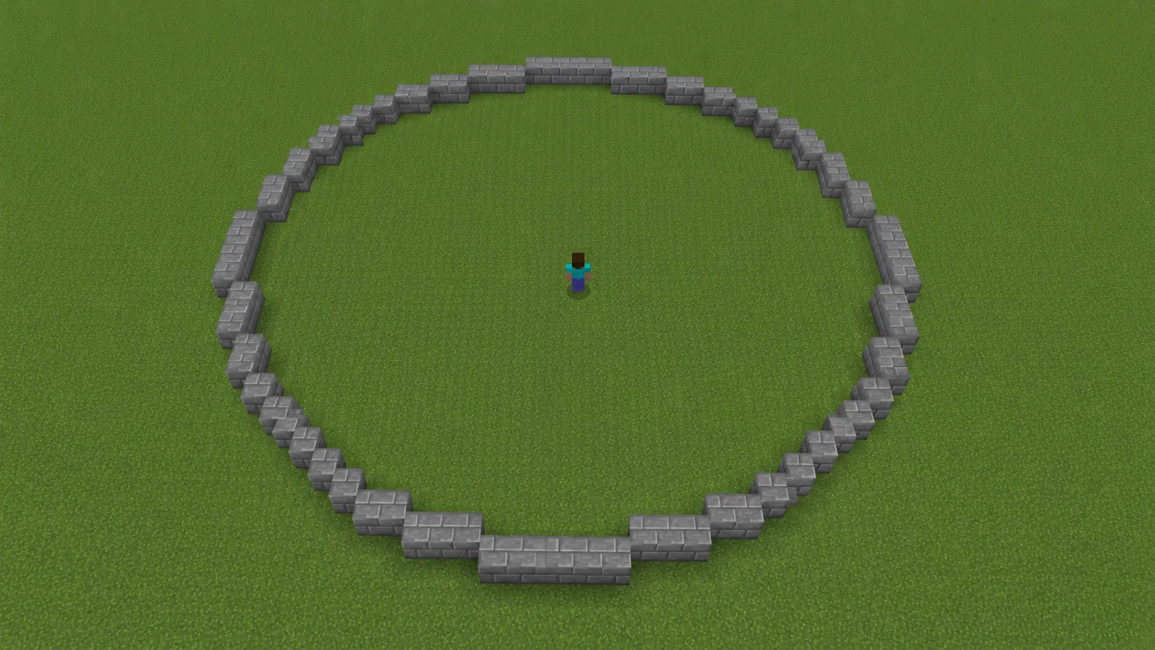 Círculo de piedra de 31 bloques de ancho en Minecraft con un jugador adentro como escala