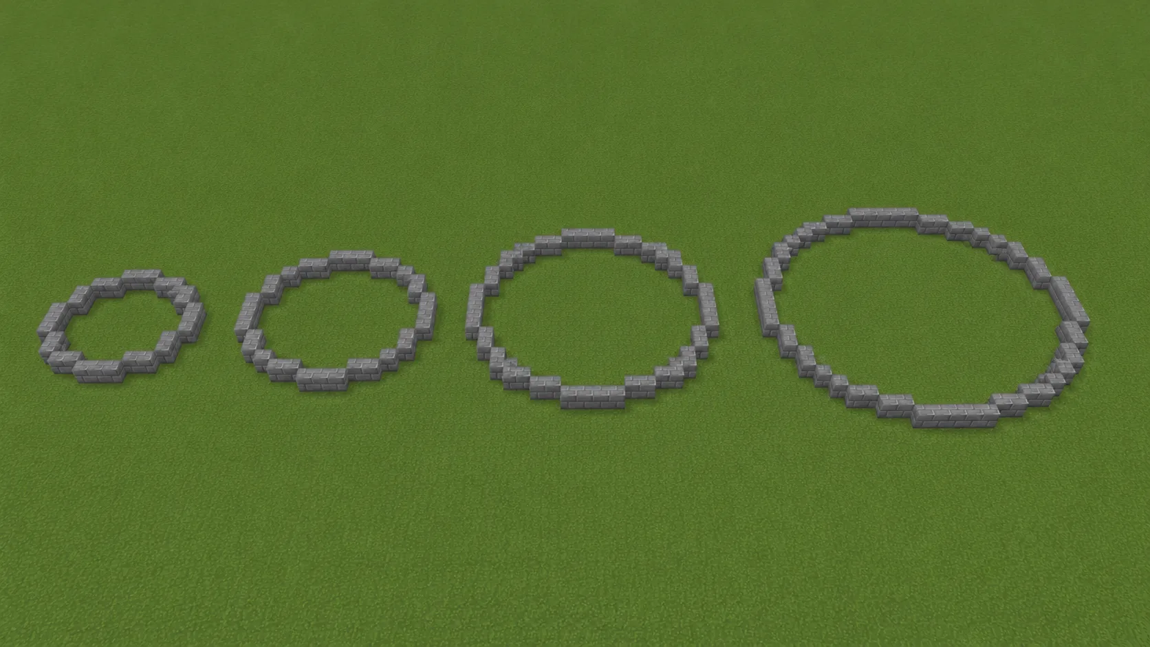 Cuatro círculos de piedra de Minecraft de diámetro creciente, uno junto a otro