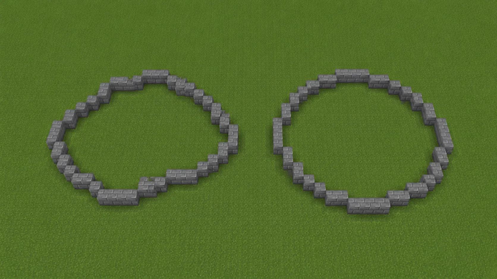 Un círculo de Minecraft desparejo junto a uno simétrico y limpio, para comparar