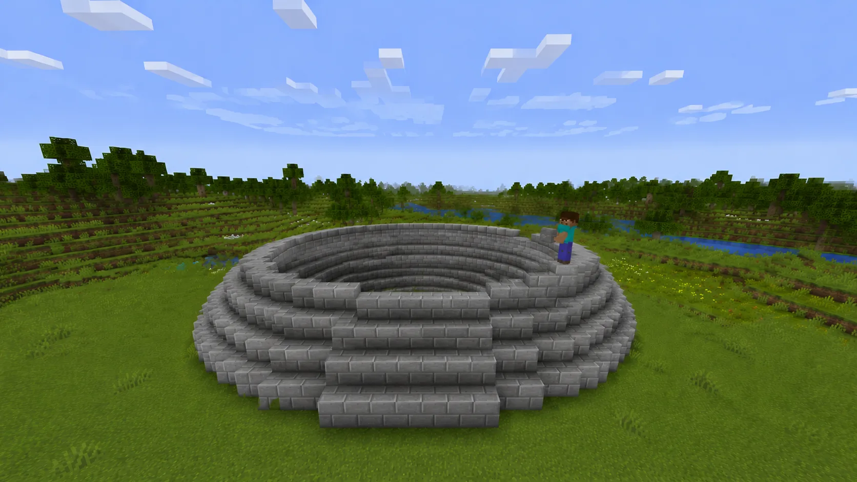 How to build a Minecraft dome layer by layer — gray stone brick rings under construction with Steve placing blocks