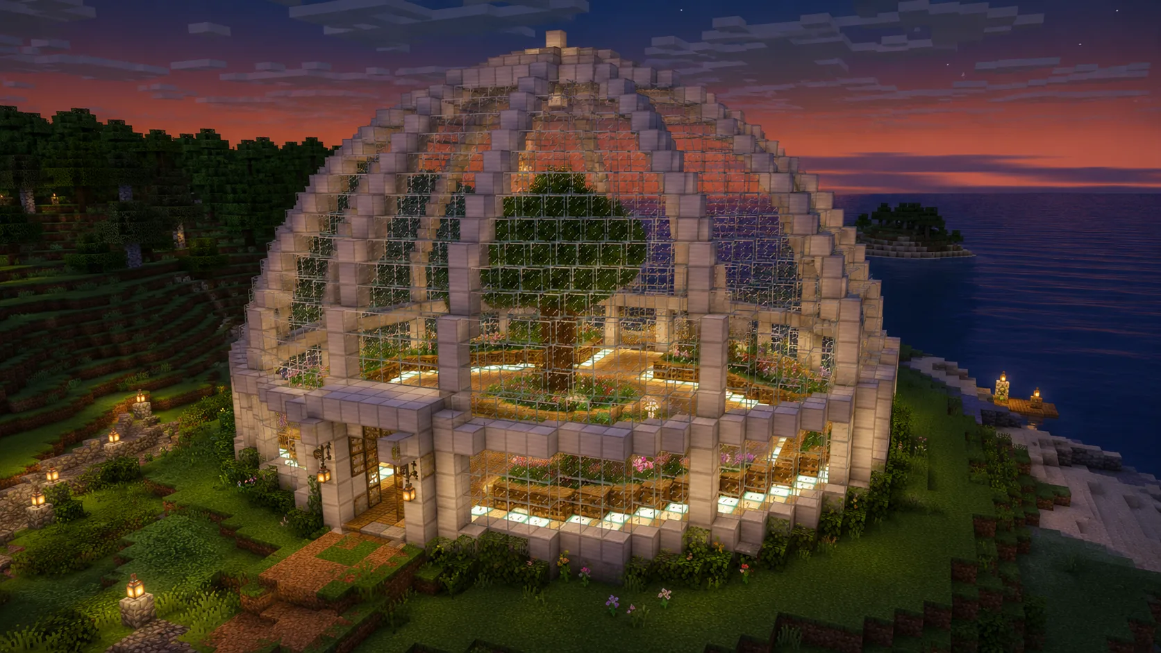 Minecraft glass dome greenhouse with stone frame and interior garden at sunset