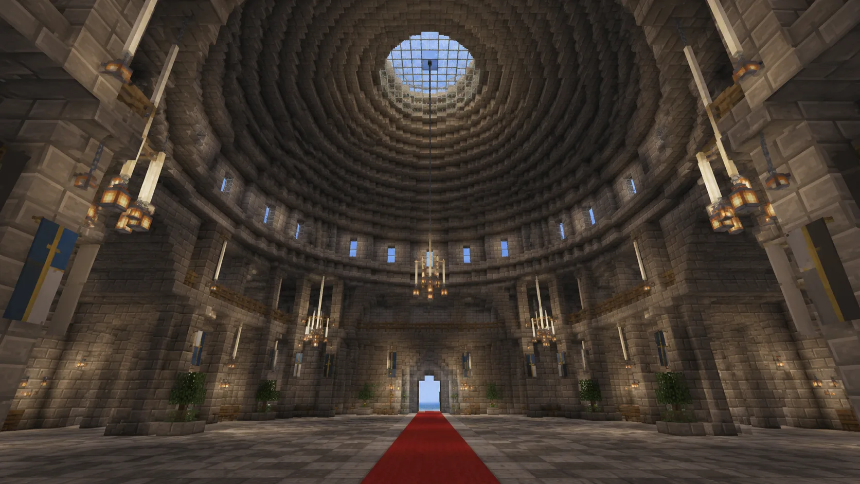 A Minecraft Roman colosseum with tiered oval seating