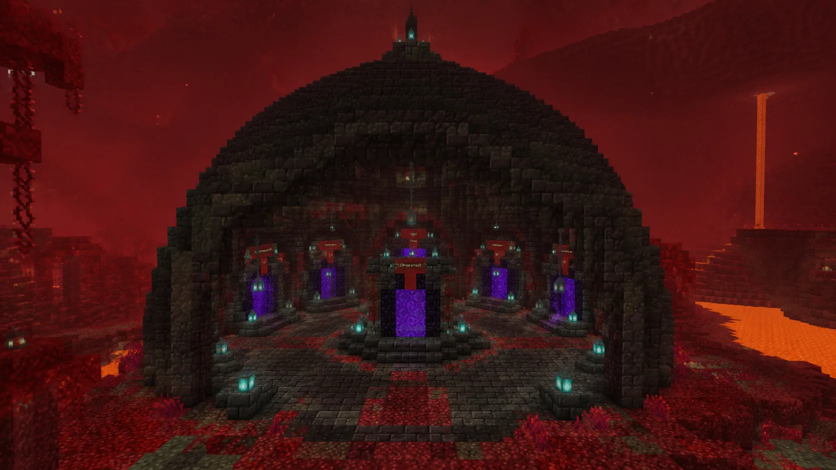 Minecraft Nether hub under a blackstone dome with multiple portal frames