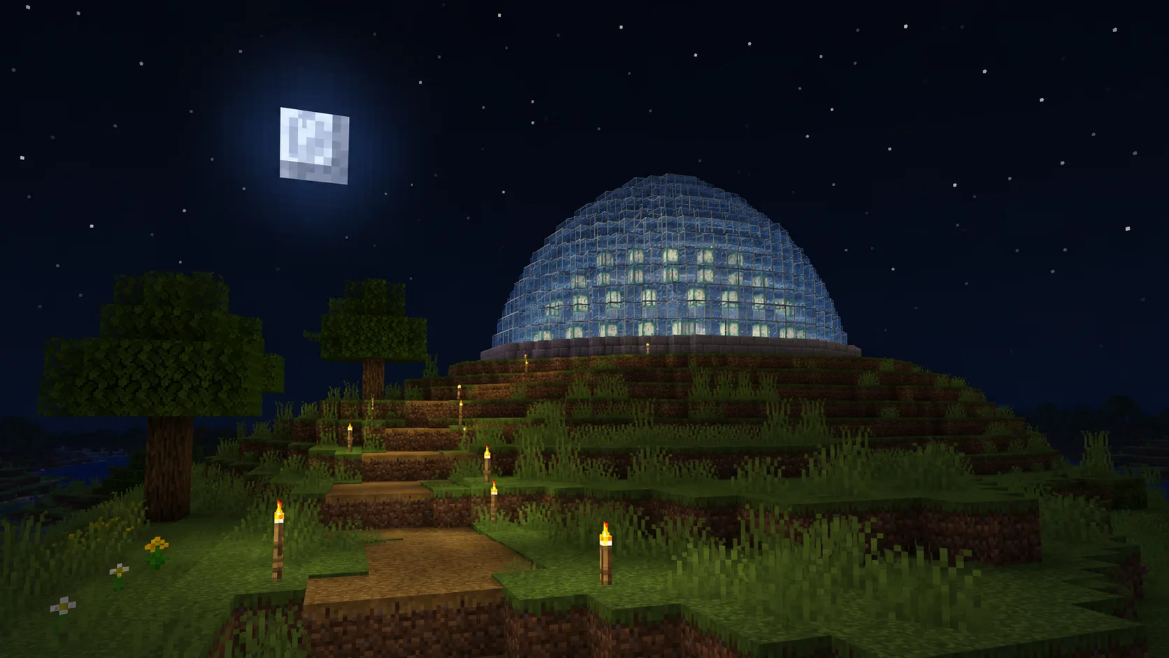 Minecraft glass dome observatory on a hilltop under a starry night sky