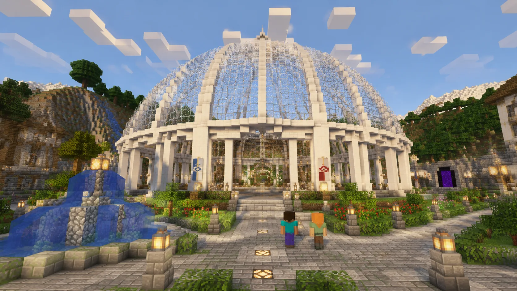 Minecraft spawn dome landmark of white glass and quartz on a landscaped plaza