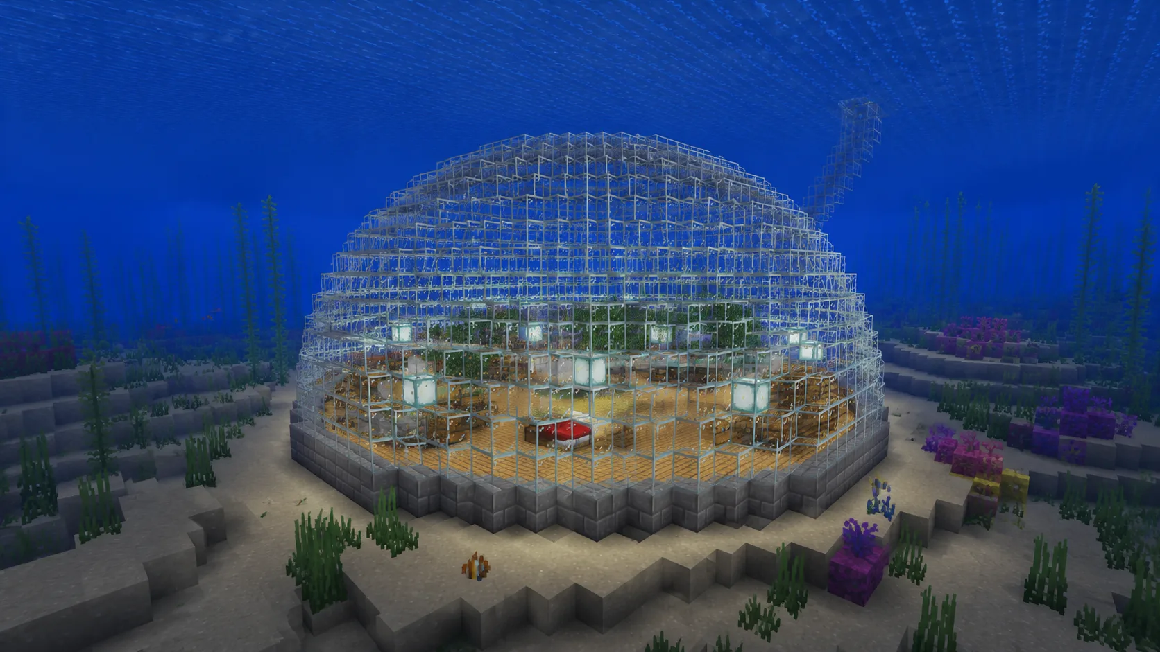 Minecraft underwater glass dome base on the ocean floor with dry interior rooms