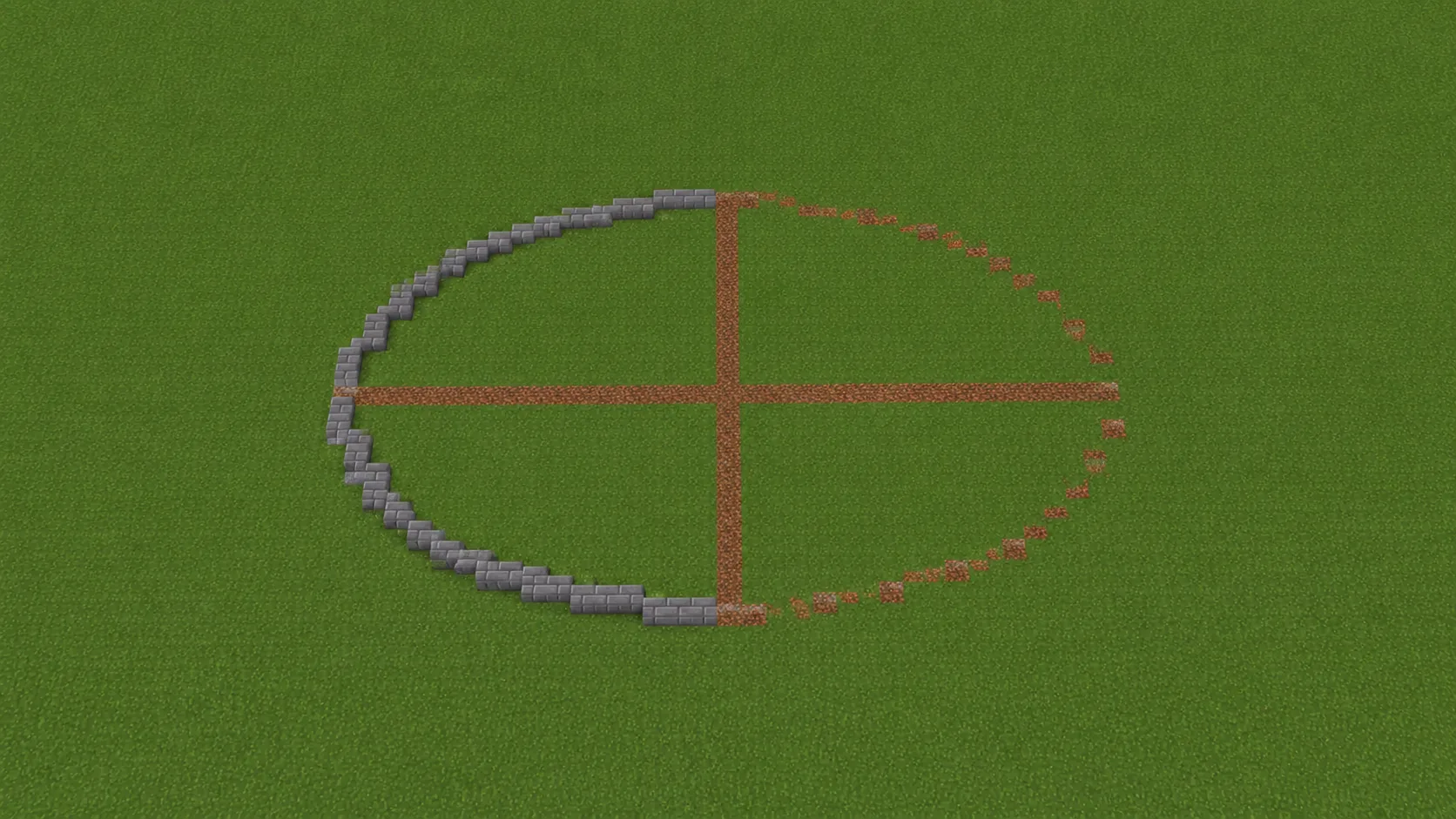 An oval marked out on Minecraft grass with dirt lines running along both axes, the left half of the outline built in stone brick and the right half still a dirt trail