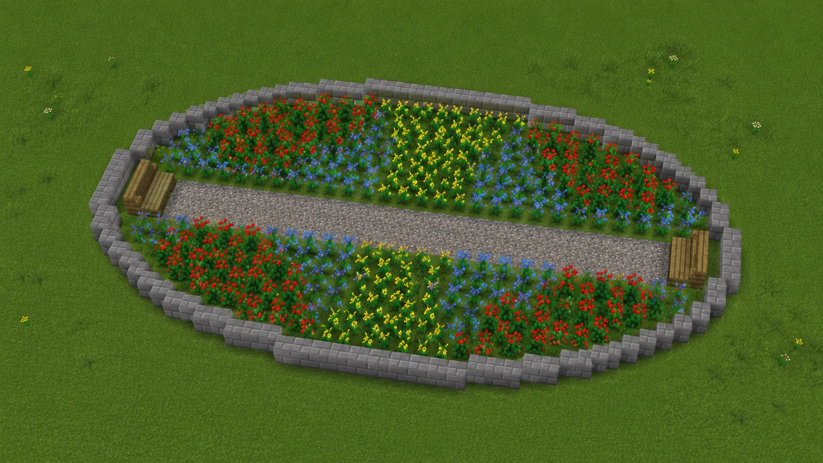 An oval Minecraft flower garden edged in stone brick, red yellow and blue flower beds split by a gravel path running the long way with a bench at each end