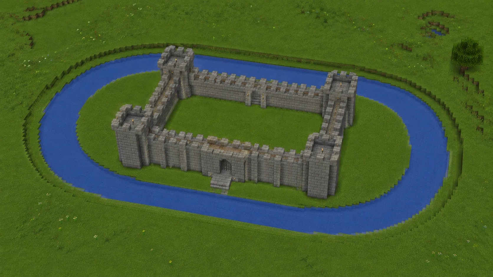 An oval water moat around a rectangular stone brick castle in Minecraft, the moat stretched along the same axis as the walls