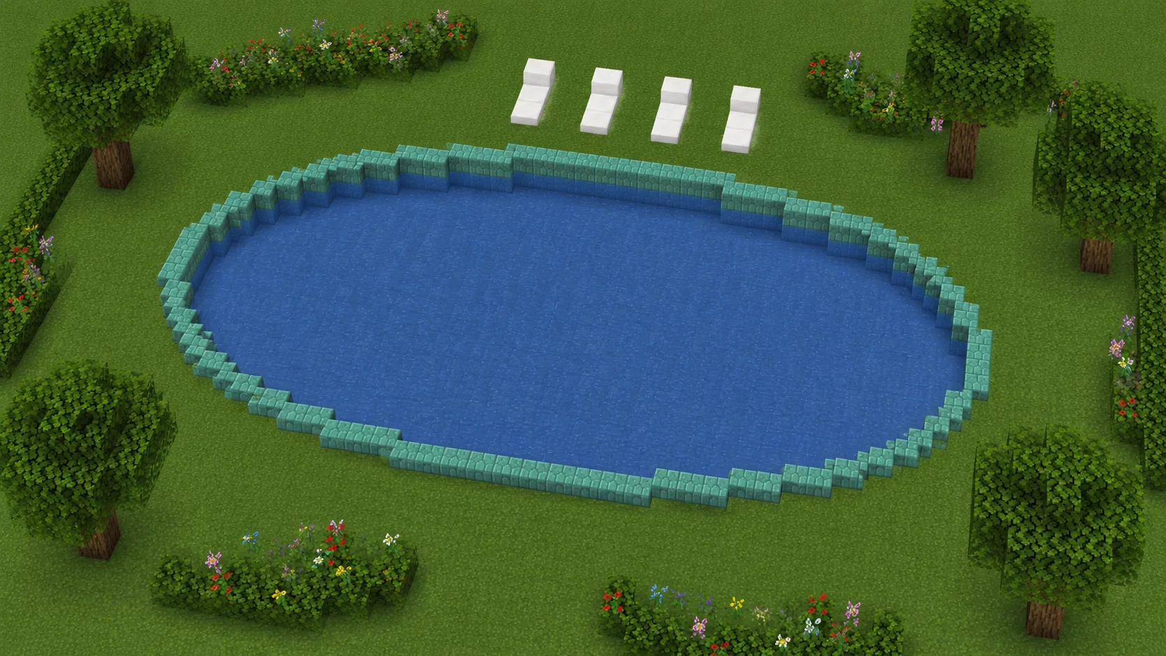 An oval Minecraft swimming pool rimmed with prismarine bricks, four white sun loungers along one side and flower beds and trees around the lawn