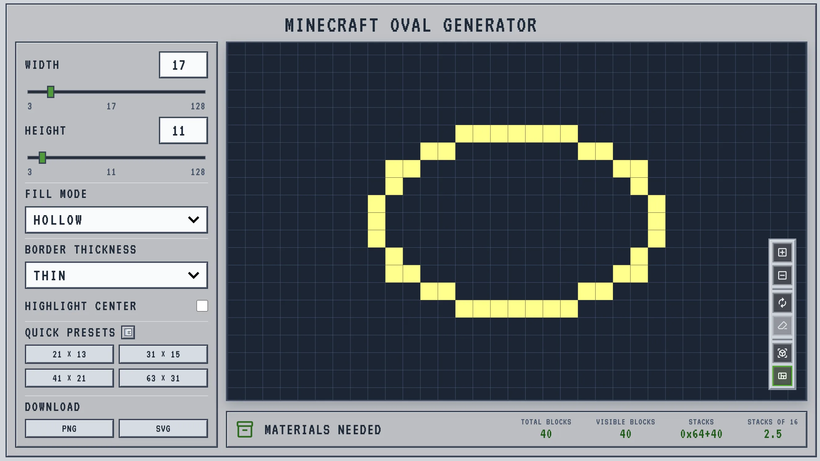 Minecraft oval generator workbench with width set to 17 and height to 11, showing the ellipse blueprint and live block counts