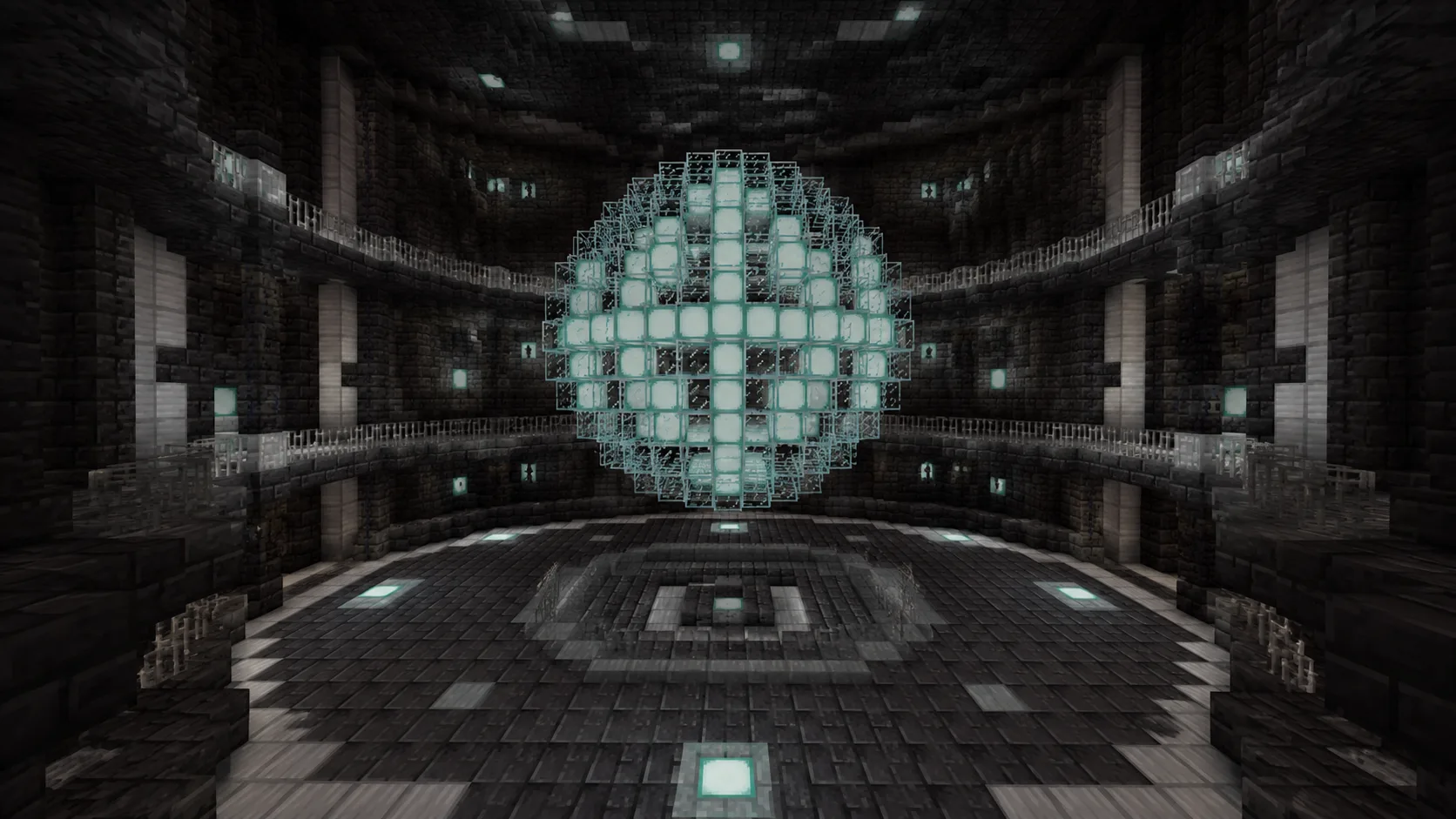 Núcleo de energía esférico y brillante dentro de una base de ciencia ficción oscura de Minecraft