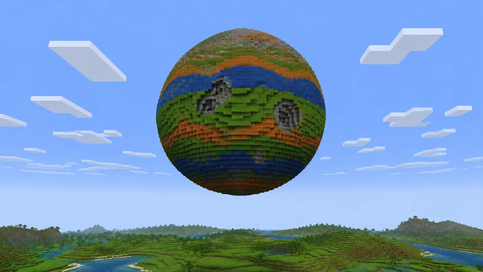 Gran planeta flotante de Minecraft con bandas de biomas de colores suspendido en el cielo