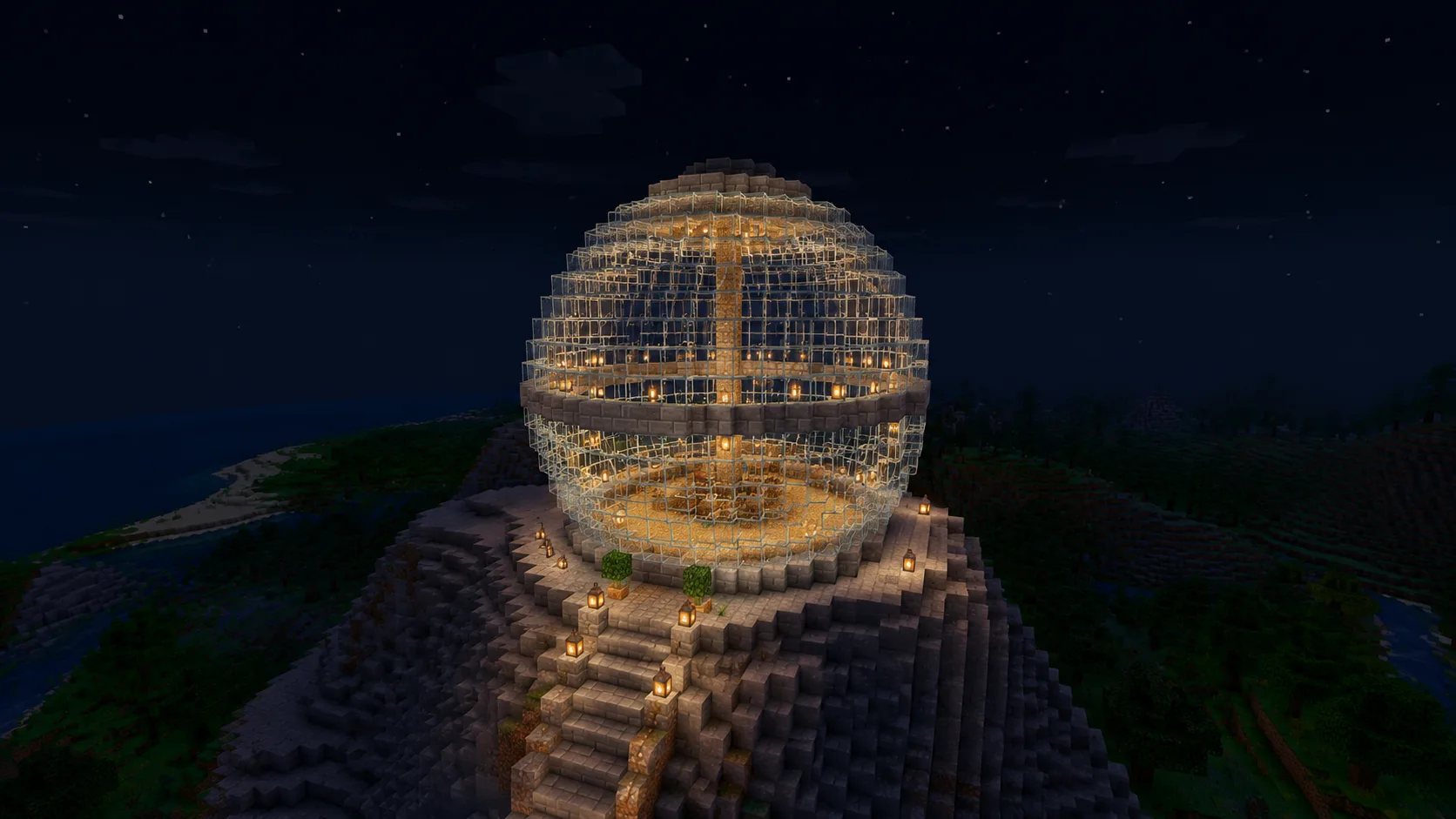 Observatorio de esfera de vidrio hueca de Minecraft brillando de noche en la cima de una montaña