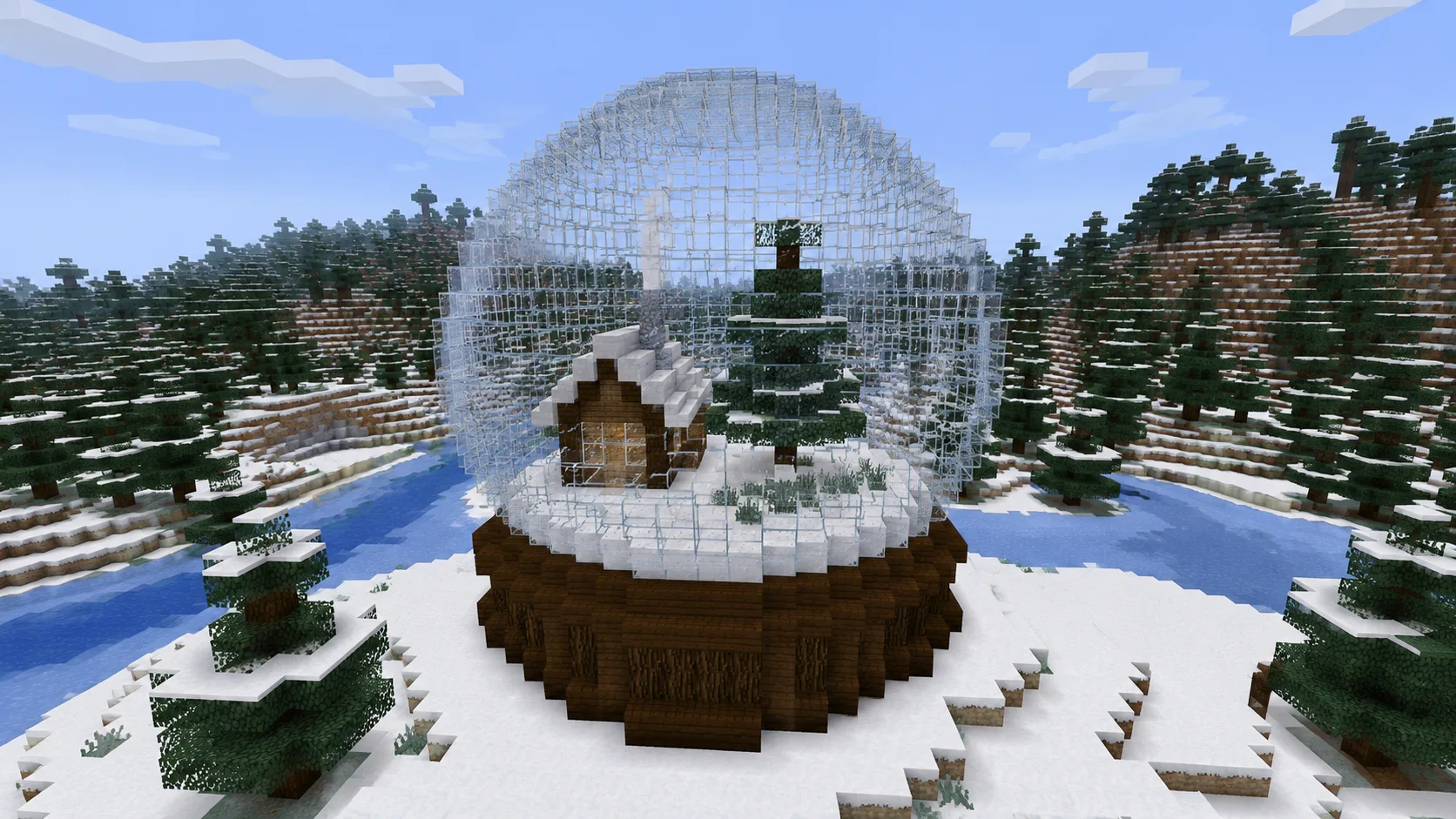 Globo de nieve de Minecraft: una cabaña nevada en miniatura dentro de una esfera de vidrio hueca