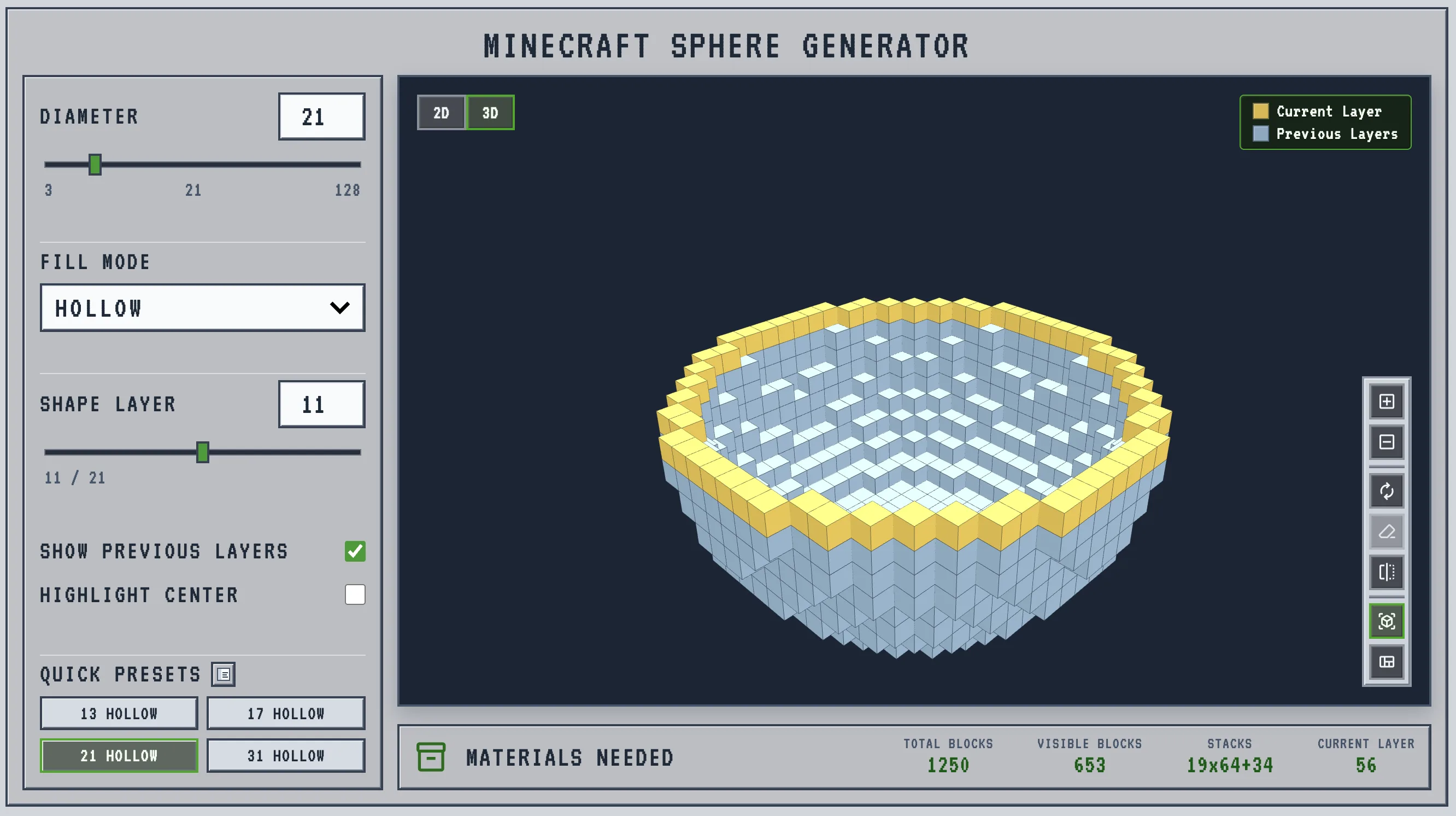 Mesa de trabajo del generador de esferas de Minecraft: controles, vista previa 3D por capas y panel de materiales necesarios